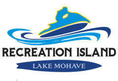 Logo for Recreation Island on Lake Mohave, featuring a blue boat icon above the text in black and blue on a white background.